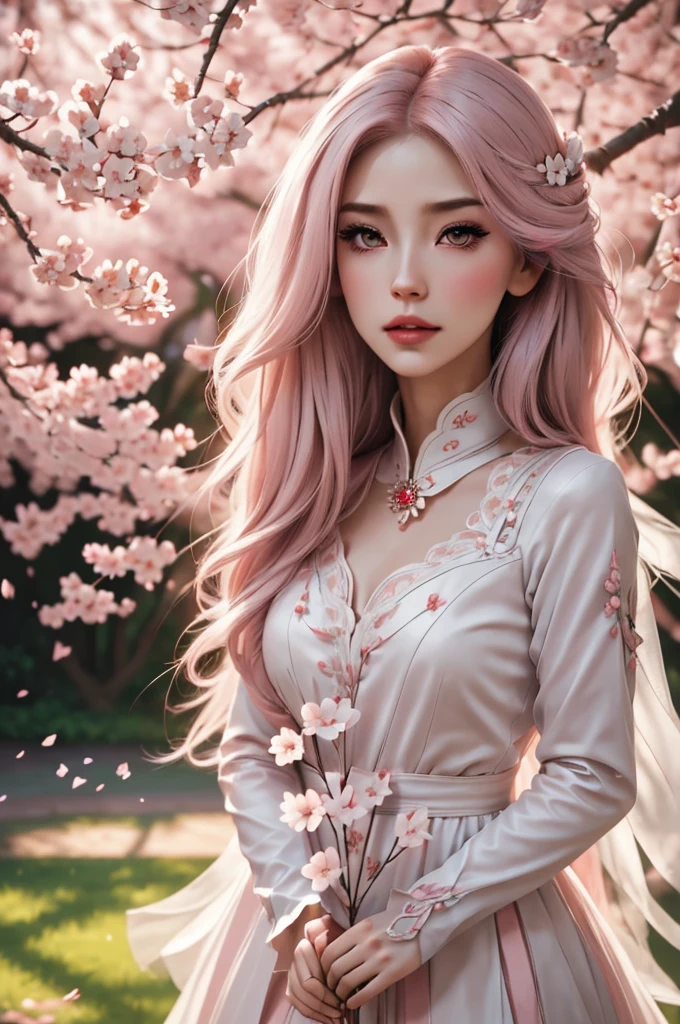 (best quality,4k,8k,highres,masterpiece:1.2),ultra-detailed,(realistic,photorealistic,photo-realistic:1.37),beautiful detailed eyes,beautiful detailed lips,extremely detailed face,longeyelashes,1girl,porcelain skin,rosy cheeks,pink makeup,fancy dress with ruffles,delicate lace details,flowing long hair,plush hair accessories,holding a delicate cherry blossom branch,floating sakura petals,soft pink and white color scheme,ethereal lighting,lush and vibrant garden background,soft sunlight filtering through the trees,sakura trees in full bloom,tranquil atmosphere,subtle fragrance of cherry blossoms,dreamy and romantic ambiance.