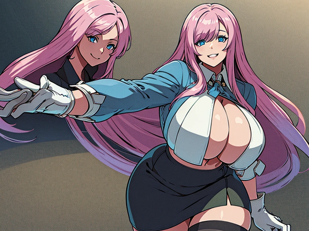 High detailed, 1 girl, solo, Violet long hair, blue eyes, busty, firm chunky body white shirt, , deep cleavage, Juliet sleeves, pencil skirt, black thighhighs, white gloves, tall, smiling