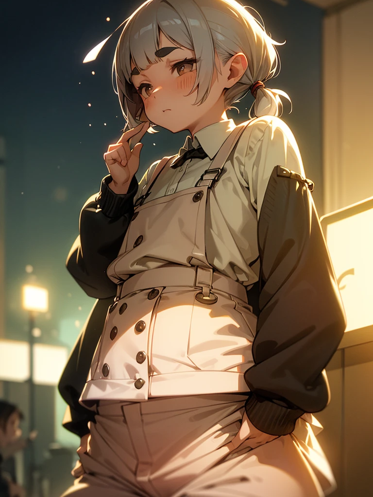 (Sumilux f1.4 50mm , low Latitude old color negative film , cross process , bokeh, flare, chromatic aberration , soft focus, (Shallow focus) , soft glow , Maximum aperture, high Key , Transparent depiction) , hentai anime style , innocent erotica , girl , (Thick thighs) , (Wide pelvis:0.8), (Short stature) , (blunt bangs , Pixie Cut , Twin tail hairstyle ) , (round maro eyebrows:1.2) , (Baggy short Culottes) , suspenders , twin melons , Itchy groin , (Crotch stain) , Holding in the pee , A little bit came out , (The button is off) , The button pops off , Childish underwear