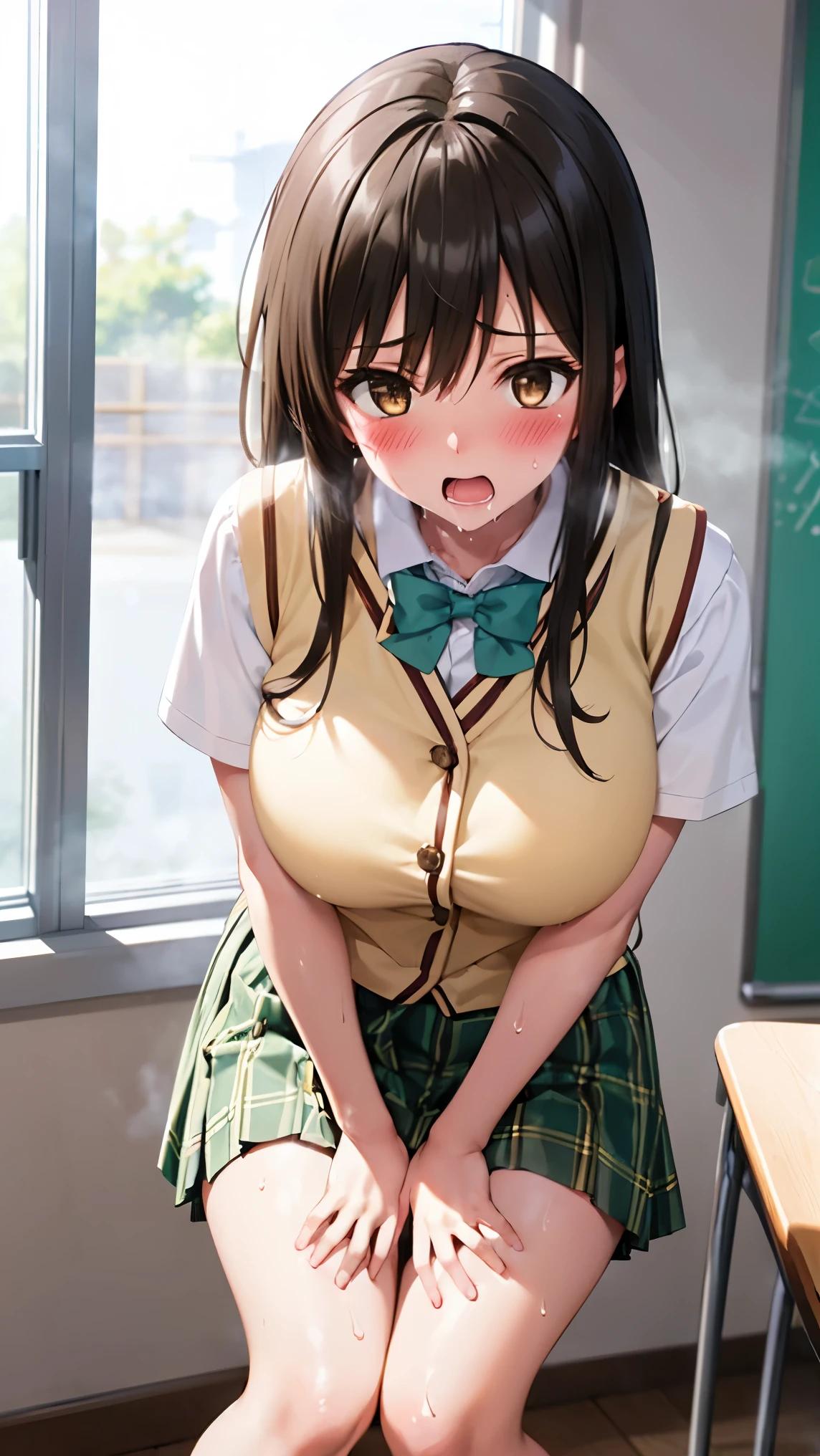 best quality,1girl,((big breasts:1.3)),curvy,((orgasm,blush,sweat,steam:1.3)),yui kotegawa, black hair, (brown eyes:1.5), long hair, green skirt, plaid, plaid skirt,((sainan high , school uniform)), skirt, short sleeves,thighhighs,remote controller, remote control,crotchAngle,head out of frame,lower body,have to pee,covering crotch,(((hand between legs))),knees together feet apart,stand,((standing,リモコン,boy:1.1)),classroom