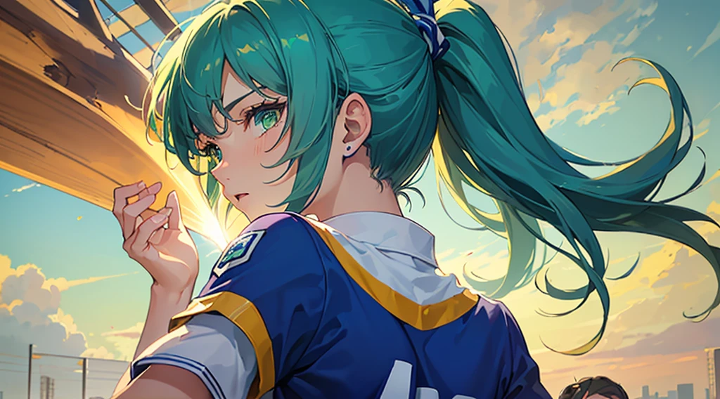 (((Highest quality))),(((masterpiece))),(((A 17-year-old girl with a ponytail wearing a light green and blue soccer uniform)))