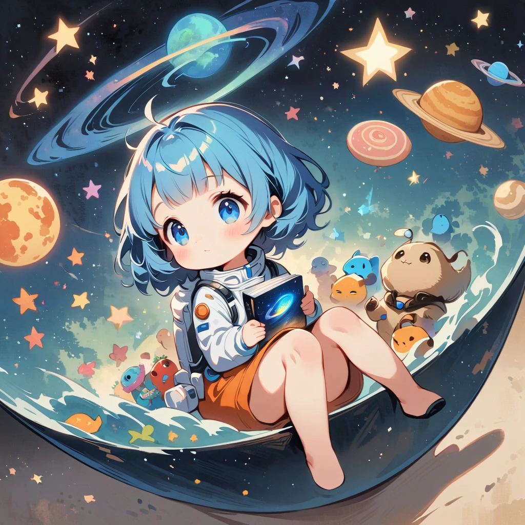 Young girl sitting in a spacesuit floating in space,Blue Hair, blue eyes, Surrounded by the Milky Way, universe , Cutely. Eat snacks, meet aliens, Babygirl sit in spacesuit floating in space,glabrous, surrounded by the Milky Way, the universe , cutely. 