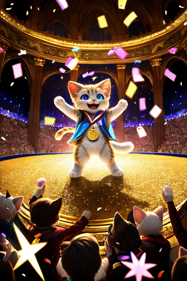 (Highest quality、masterpiece、8k))、Anatomically correct、Very detailed、High resolution、Realistic、((Beautiful, sparkling, detailed eyes))、Intricate details、Cinematic lighting、((Dynamic composition))、kitten、Big head、Confetti、kittenが拳を天に向かって突き上げる、Guts pose、Expression of joy、gold medal、Everyone celebrates