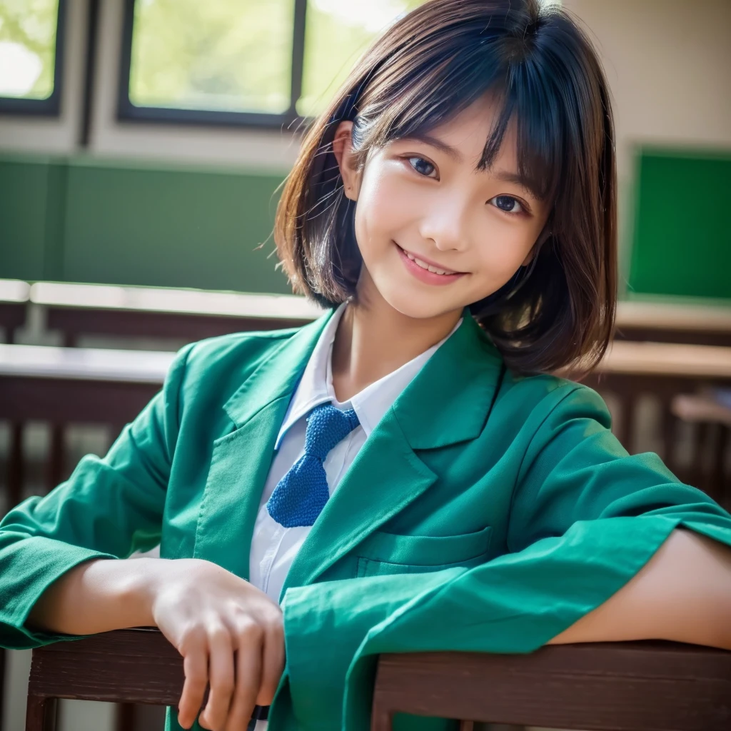((Top Quality, 8K, Masterpiece: 1.3)), ultra realistic, 1 Thai cute Girl, Slim, (Hairstyle Casual, Big: 1.2), (Green-shirt, Dark Blue Blazer: 1.2), Slender Face, Delicate Eyes, Double Eyelids, Smile, (Classroom: 1.0)