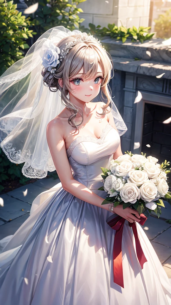 A bride in a white wedding dress holding a bouquet of flowers。
No background