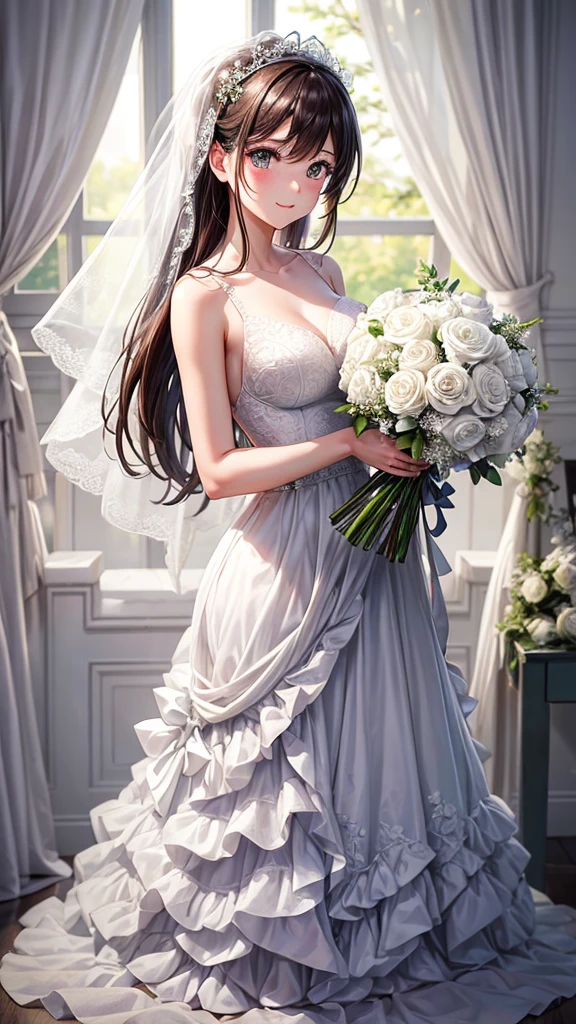 A bride in a white wedding dress holding a bouquet of flowers。
No background