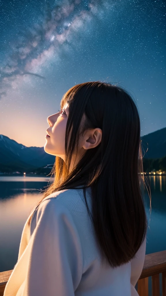 live-action、 Profile of a Japanese girl in her twenties gazing at the starry sky by the lake