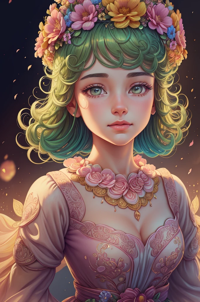woman with a flower crown on her head, stunning digital illustration, beautiful 4k, beautiful gorgeous digital art, highly detailed 4k, very beautiful digital art, beautiful illustration of a girl in flowers wearing eco-friendly couture clothes in vintage styellow pastel colors, free pose full length, intricate details, cinematic lighting, photorealistic, professional digital art, masterpiece