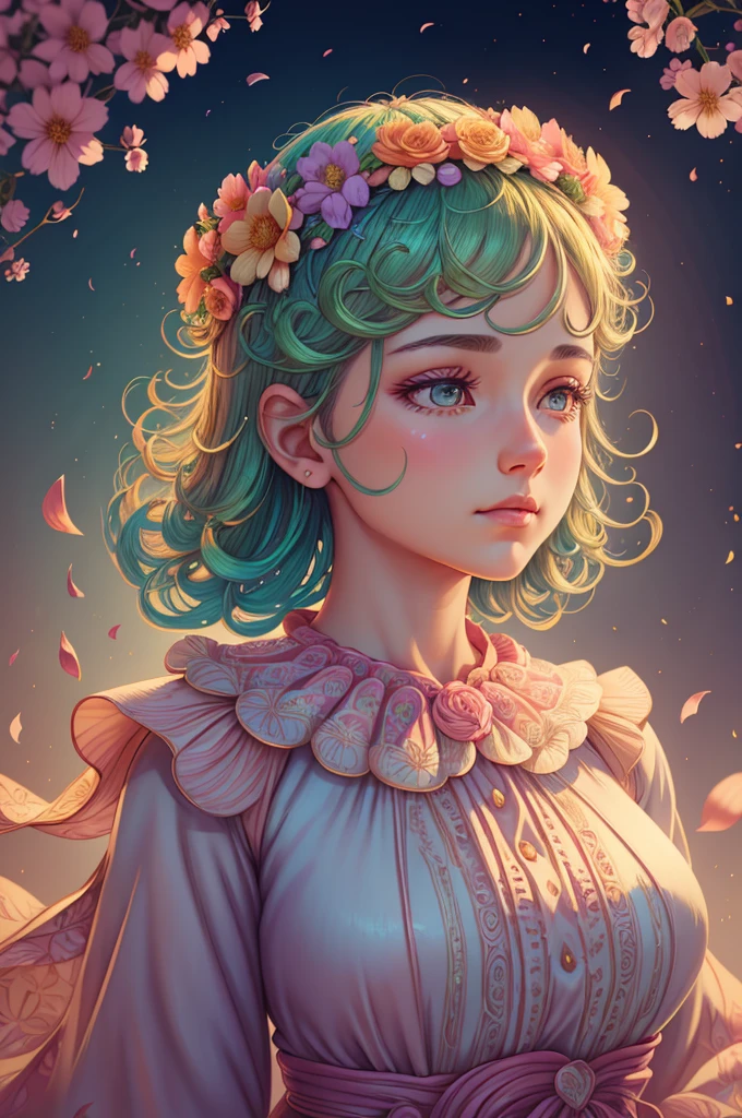 woman with a flower crown on her head, stunning digital illustration, beautiful 4k, beautiful gorgeous digital art, highly detailed 4k, very beautiful digital art, beautiful illustration of a girl in flowers wearing eco-friendly couture clothes in vintage styellow pastel colors, free pose full length, intricate details, cinematic lighting, photorealistic, professional digital art, masterpiece