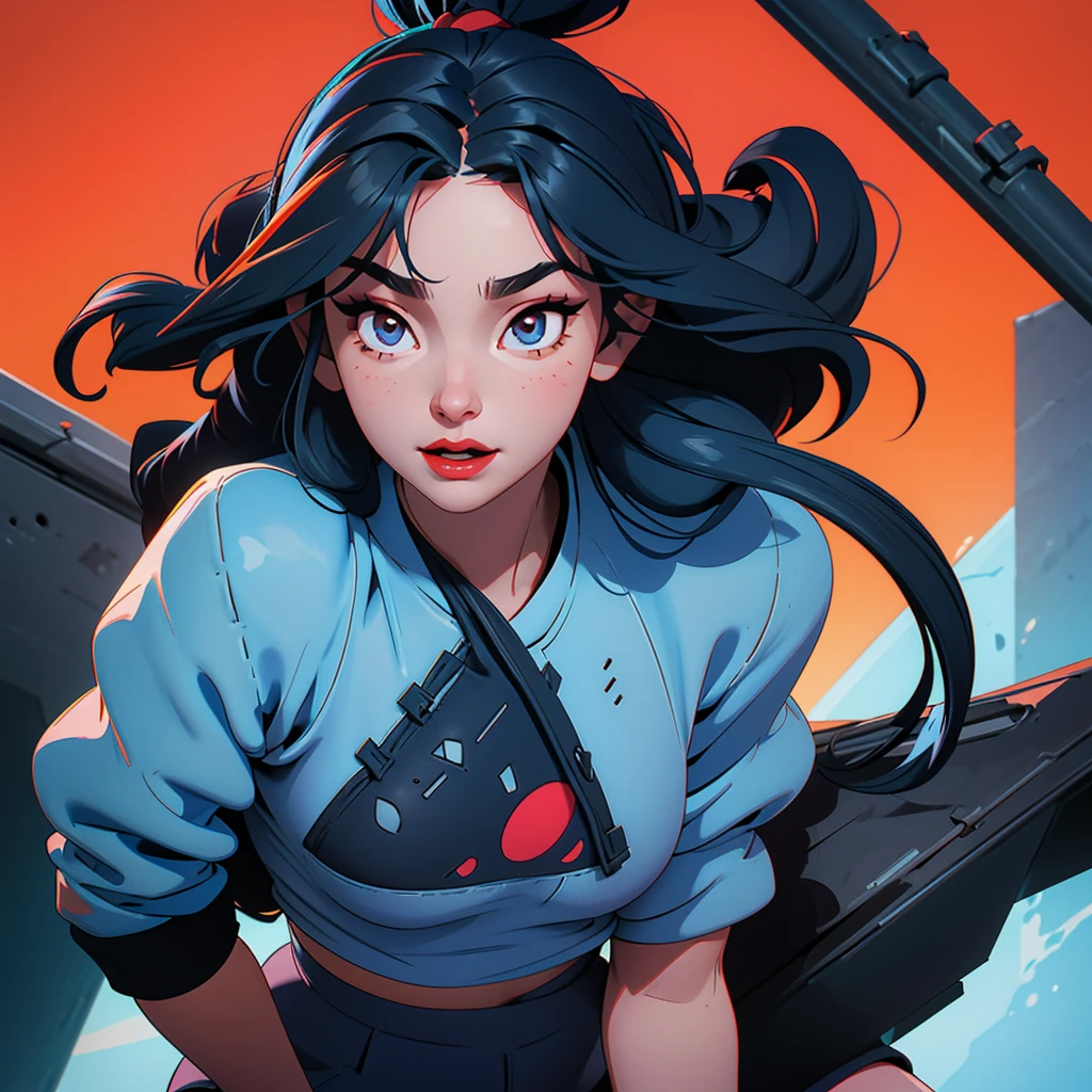 girl about 20. black long hair. the right eye is gray, the left is bright blue. small nose, plump red lips. She is wearing a top and shorts. She has small breasts. she has a calm and joyful face. 