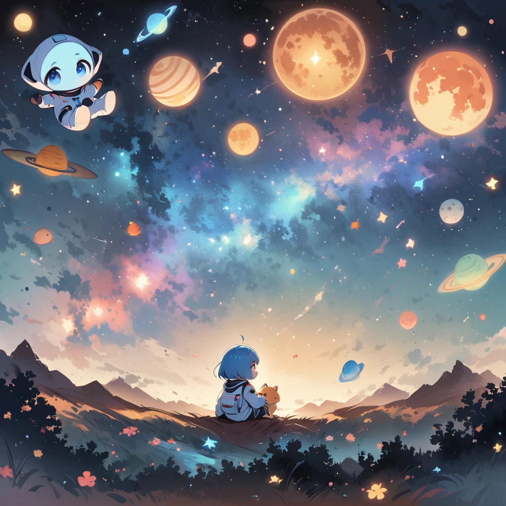 Young girl sitting in a spacesuit floating in space,Blue Hair, blue eyes, Surrounded by the Milky Way, universe , Cutely. Eat snacks, meet aliens, Babygirl sit in spacesuit floating in space,glabrous, surrounded by the Milky Way, the universe , cutely.