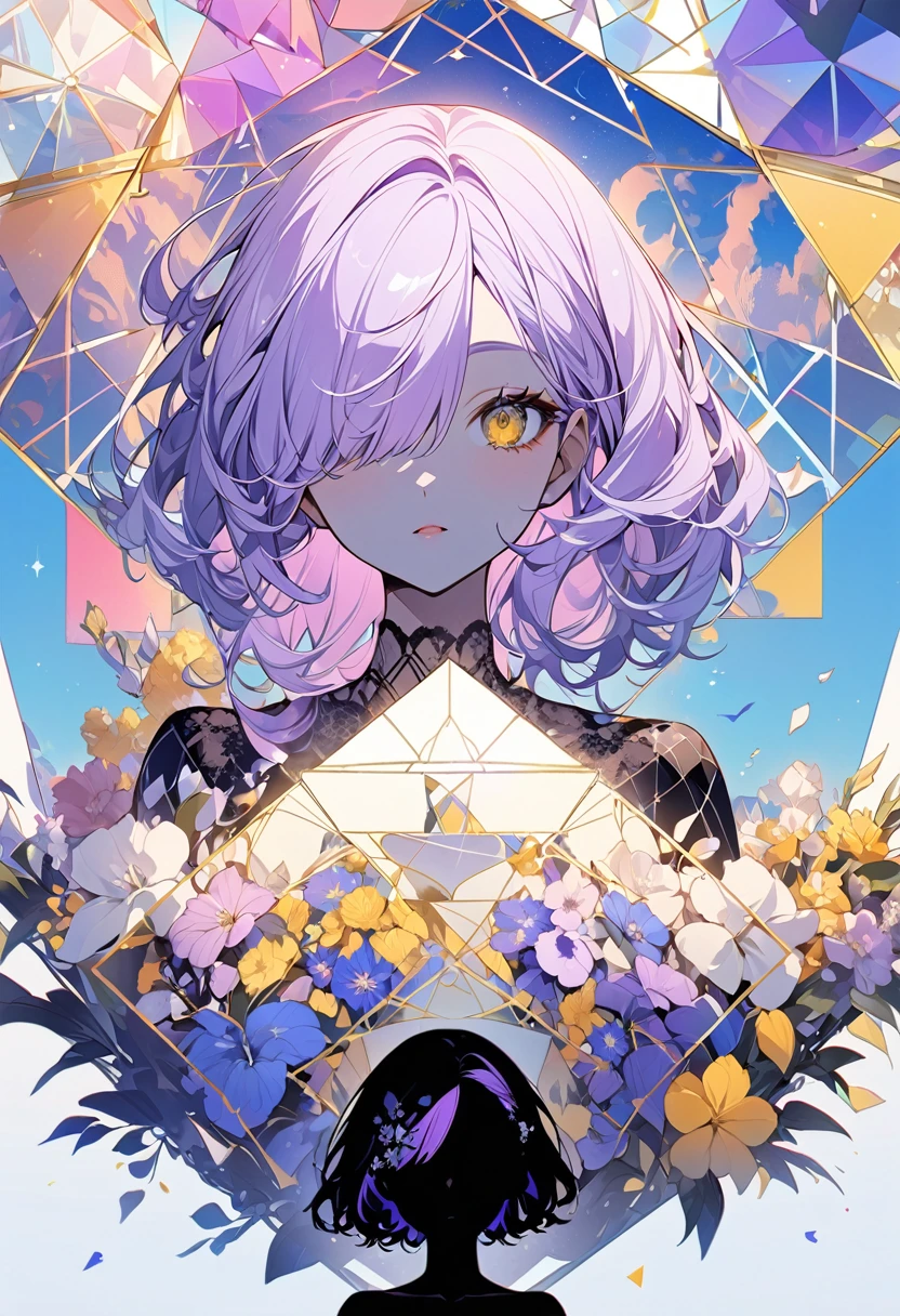 Highest quality、masterpiece、High resolution、masterpiece、((Light purple hair、Cover one eye))、Yellow Eyes、Floral Dress、flowerpunk、Vibrant colors、Beautiful blue sky、Geometric pattern、Golden Ratio、Silhouette composition