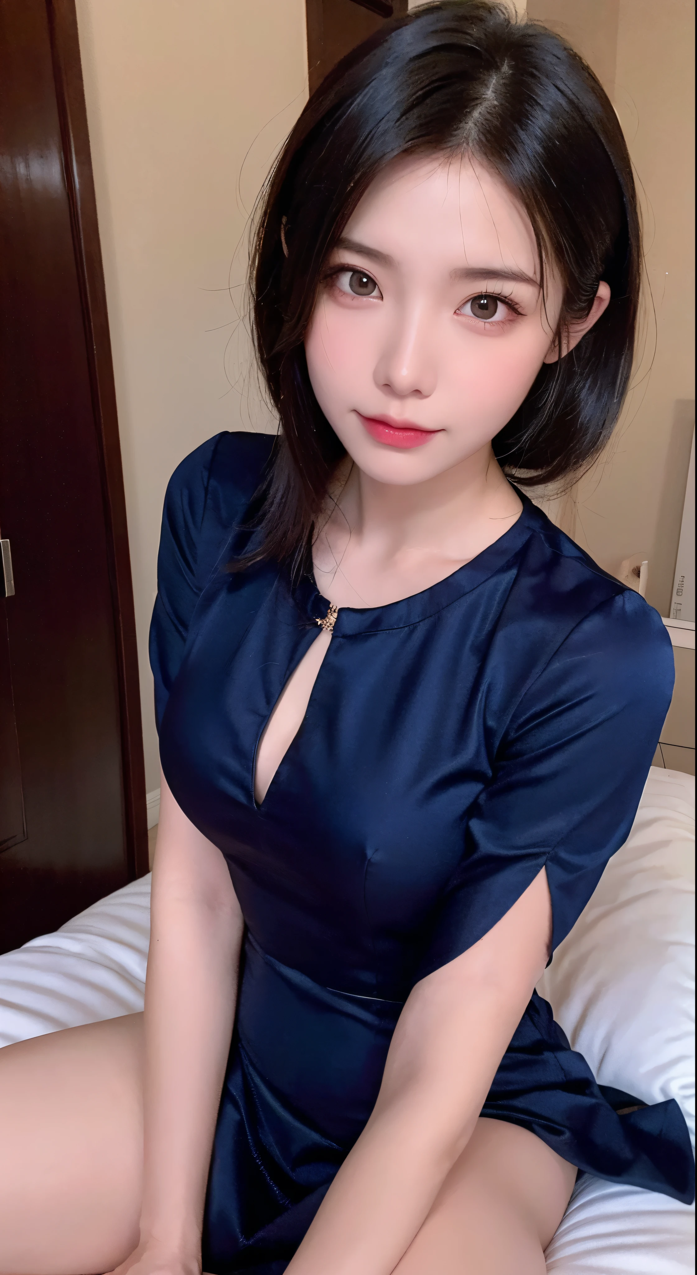 Full body high quality images,cristy-ren, high quality photo of a woman, detailed face, <Beautiful woman in navy blue dress,Facial details