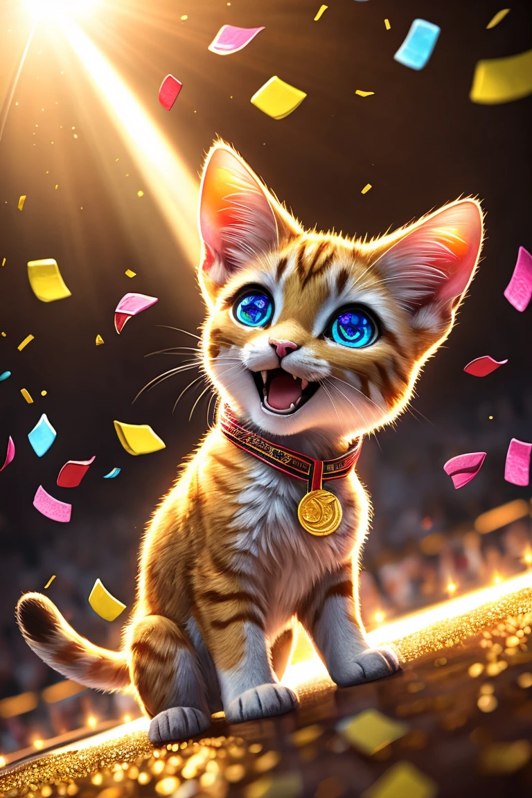 (Highest quality、masterpiece、8k))、Anatomically correct、Very detailed、High resolution、Realistic、((Beautiful, sparkling, detailed eyes))、Intricate details、Cinematic lighting、((Dynamic composition))、kitten、Big head、Confetti、kittenが拳を天に向かって突き上げる、Guts pose、Expression of joy、gold medal、Everyone celebrates