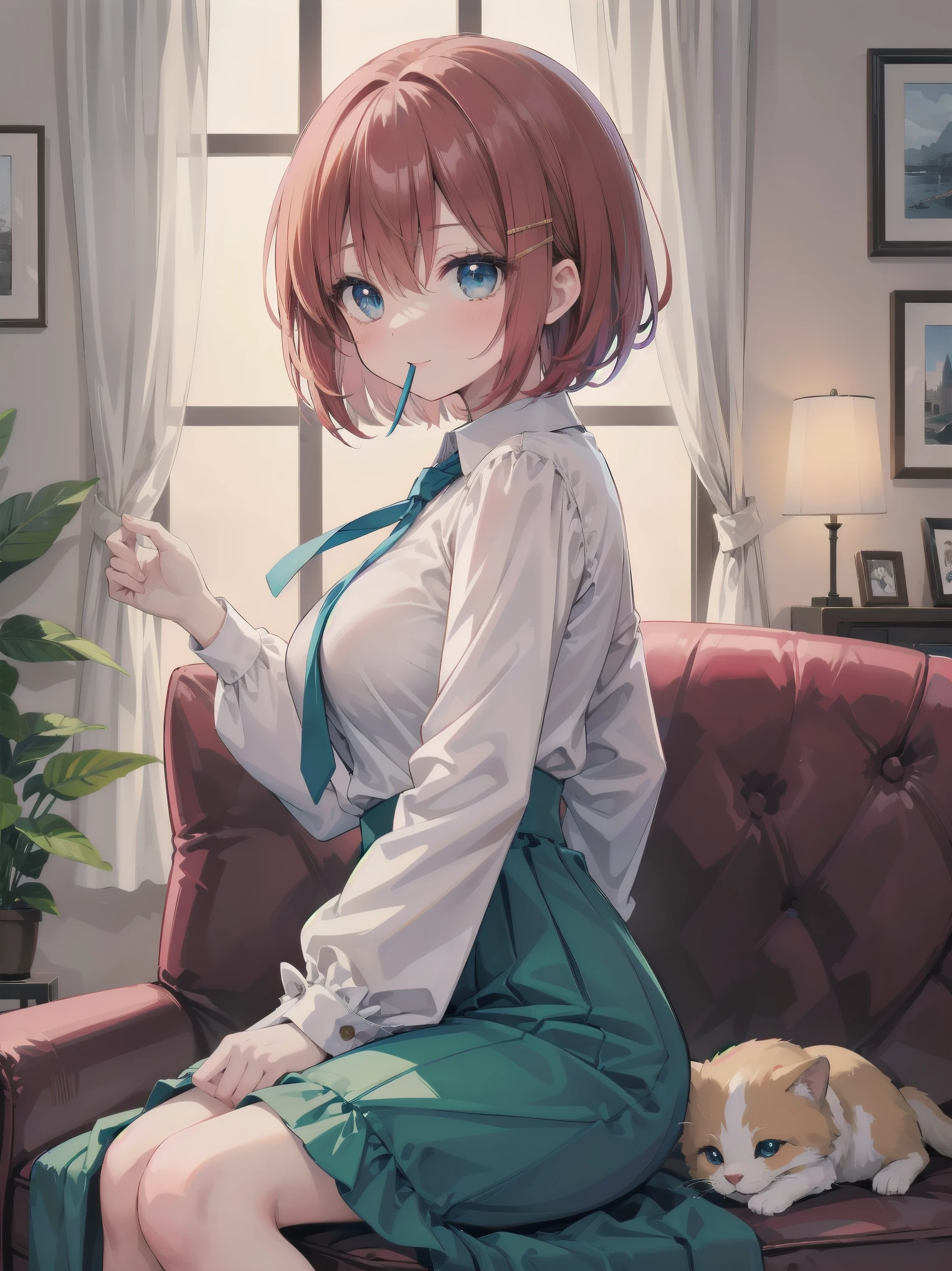 Scene Description: - Composition: Portrait. Focus on the face. Shot from the front. - Subject: Cute girl. (Chibi:1.1). Real person. - Features: - Face: (Cute round face:1.2). - Eyes: Detailed dark blue eyes. - Hair: One-leg bob-cut hair down the front with a large ribbon hairpiece, (golden hair), (red inner hair), auburn hair, hair between the eyes. - Body: Detailed slender body. Large breasts. - Clothing: Pink ruffled blouse, flares, blue ribbon tie, long ruffled sleeves, layered skirt. - Expression: happy expression. Mouth open. - Pose: head tilted back. She is looking at the viewer. - Background: living room of a trendy café. - Elements: Houseplants. Cute pastel sofa. Cute pastel curtains. Cute pastel-colored wallpaper. Time: Daytime. Lighting: (Natural light: 1.4). Art Style: Watercolor. Traditional media. Quality: Intricate details. Highly detailed. Outstanding complexity. (Masterpiece: 1.2). (Highest quality: 1.2). (Absurd absolute resolution: 1.4). Mood: Calm,