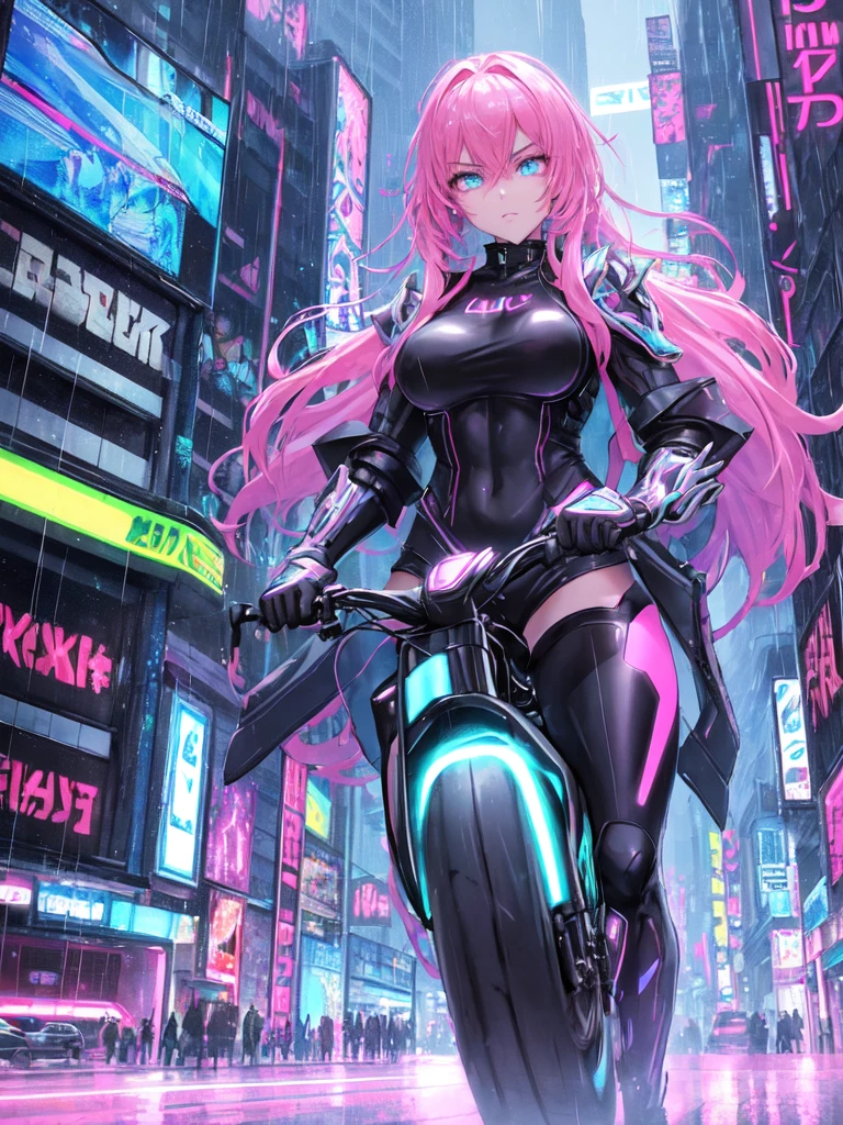 "Create a high-resolution anime-style image of a stunning, fierce, and confident young woman in a cyberpunk setting. She is riding a sleek, futuristic space bike that glows with neon lights, cutting through the dark, rain-soaked streets of a dystopian cityscape. The girl has long, flowing hair that moves with the speed of the bike, illuminated by the neon lights around her. She is wearing high-tech armor that fits her form perfectly, emphasizing her athletic build. The armor is a blend of matte black and metallic silver, with intricate glowing patterns that pulse with energy. Her eyes are sharp and focused, with a hint of defiance, reflecting the neon lights of the bustling, chaotic city around her. The background is filled with towering skyscrapers, holographic advertisements, and flying cars, all bathed in the blue and pink hues typical of a cyberpunk aesthetic. The rain adds a dynamic element, with droplets bouncing off her armor and the bike, creating a sense of motion and speed. Overall, the scene should exude a blend of beauty, strength, and futuristic technology, capturing the essence of a cyberpunk anime heroine on an adrenaline-fueled ride through a vibrant, high-tech metropolis."