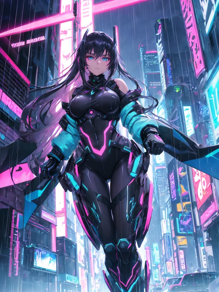 "Create a high-resolution anime-style image of a stunning, fierce, and confident young woman in a cyberpunk setting. She is riding a sleek, futuristic space bike that glows with neon lights, cutting through the dark, rain-soaked streets of a dystopian cityscape. The girl has long, flowing hair that moves with the speed of the bike, illuminated by the neon lights around her. She is wearing high-tech armor that fits her form perfectly, emphasizing her athletic build. The armor is a blend of matte black and metallic silver, with intricate glowing patterns that pulse with energy. Her eyes are sharp and focused, with a hint of defiance, reflecting the neon lights of the bustling, chaotic city around her. The background is filled with towering skyscrapers, holographic advertisements, and flying cars, all bathed in the blue and pink hues typical of a cyberpunk aesthetic. The rain adds a dynamic element, with droplets bouncing off her armor and the bike, creating a sense of motion and speed. Overall, the scene should exude a blend of beauty, strength, and futuristic technology, capturing the essence of a cyberpunk anime heroine on an adrenaline-fueled ride through a vibrant, high-tech metropolis."