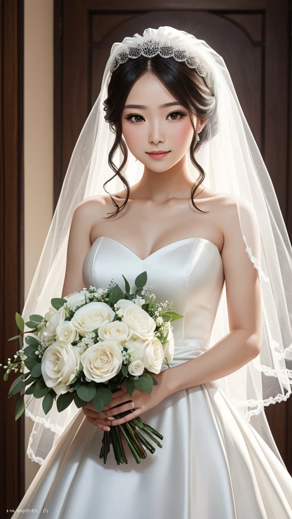 A bride in a white wedding dress holding a bouquet of flowers。
No background