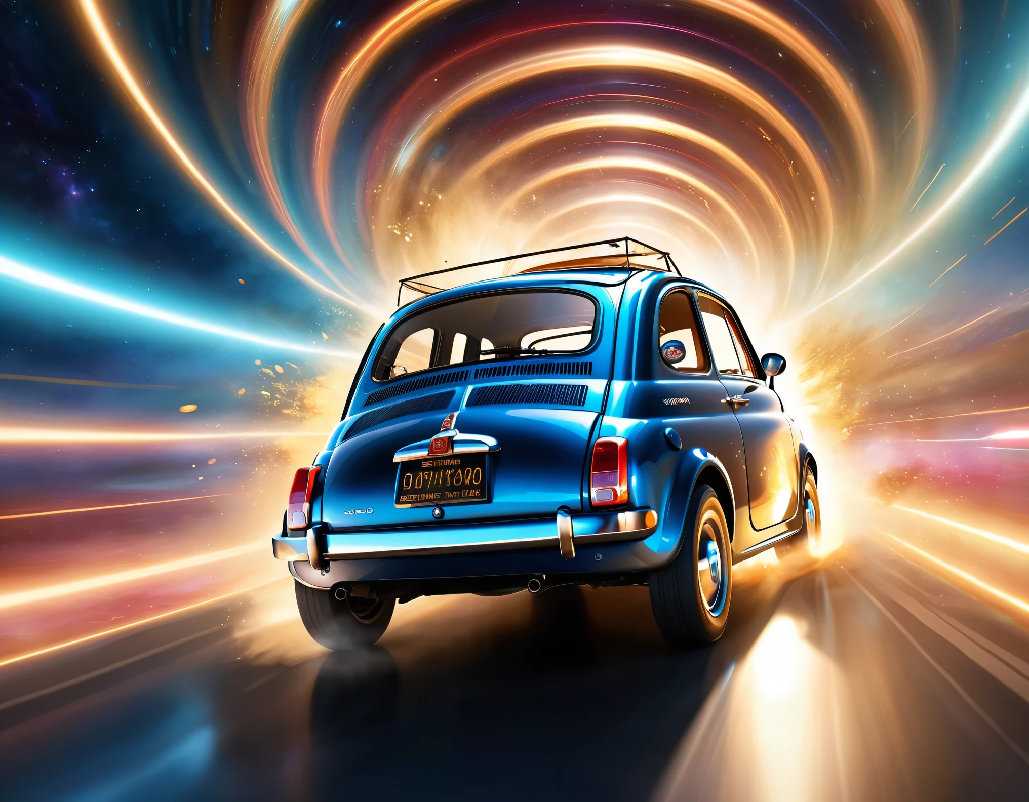 masterpiece,Highest quality,(Ultra Detailed CG Unity 8k Wallpaper),(Highest quality),(Best illustrations),(Best Shadow),Physical Rendering,Realistic lighting,Beautiful sparkle,A time machine made from a Fiat 500,(Detailed depiction of a car-type time machine:1.6),,(((Shooting from behind the vehicle:1.6))),(Cut through space-time at breakneck speed and transcend time:1.6),(Depicting a sense of speed:1.6),(The background depicts the effect of crossing time and space.:1.6),(dynamic)