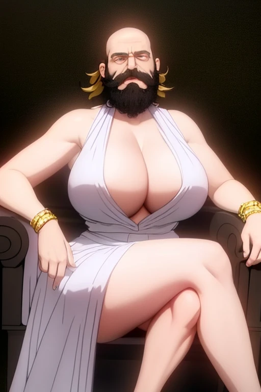 old man,bald,mustache, big mustache, beard, big beard, huge breasts, gigantic breast, large breast, white dress, cleavage, neckale, golden bracelets, sitting in throne,around her big legs, crossed legs, high heels, black background, arms down, arms resting in chair arm, masterpiece, best quality, vibrant colors, 