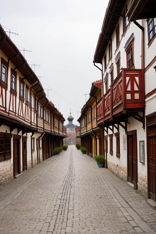Create a cityscape of a Russian city of the 19th century. We need an ancient Russian city. This is not antiquity..  Need narrow streets, carts on the streets ancient houses. mostly wooden
