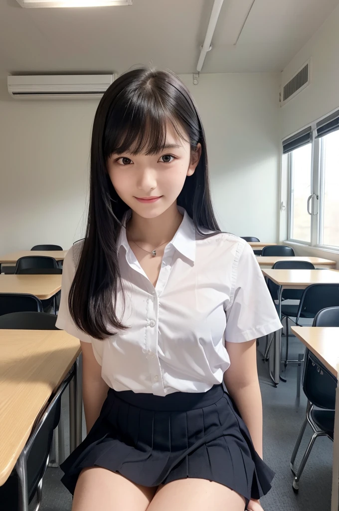 ,high school student,uniform,Black Hair,bangs,ponytail,Straight hair,Dark Eyes,thin足,slender,Small face,Young Face,Clean your eyes,Small Mouth,thin,Young Face,Small breasts,Small breasts,Small breasts,Small breasts,Realistic photos,8k,Mouth slightly open,Ultra HD,whole body,Pure girl,whole body,,White short sleeve blouse,Check Pleated Skirt,smile,classroom,Sit on a chair,Window Closet