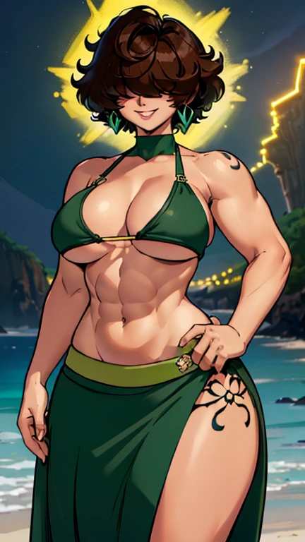 By bebebebebe ,High quality,Female ,((,hair covering eyes,fluffy hair,short hair,Confident smile,(breasts),solo,lights brown hair,toned,she Is in a Green bikini ,black EarrIngs,5 Fingers,beach,night,lights,,muscular,chubby,elegant skirt,Tattoo on the abdomen ,