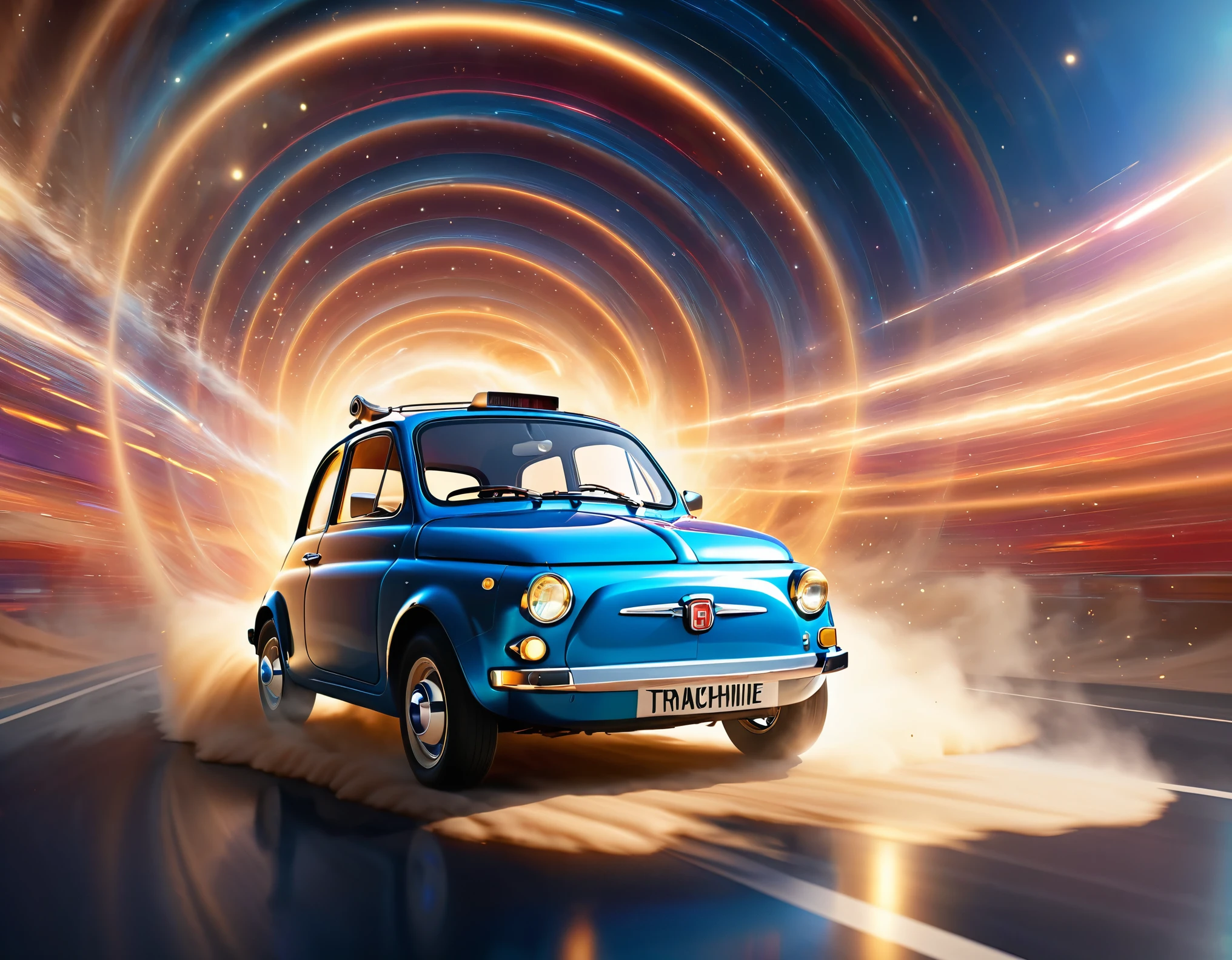 masterpiece,Highest quality,(Ultra Detailed CG Unity 8k Wallpaper),(Highest quality),(Best illustrations),(Best Shadow),Physical Rendering,Realistic lighting,Beautiful sparkle,A time machine made from a Fiat 500,(Detailed depiction of a car-type time machine:1.6),,(((Shooting from behind the vehicle:1.6))),(Cut through space-time at breakneck speed and transcend time:1.6),(Depicting a sense of speed:1.6),(The background depicts the effect of crossing time and space.:1.6),(dynamic)
