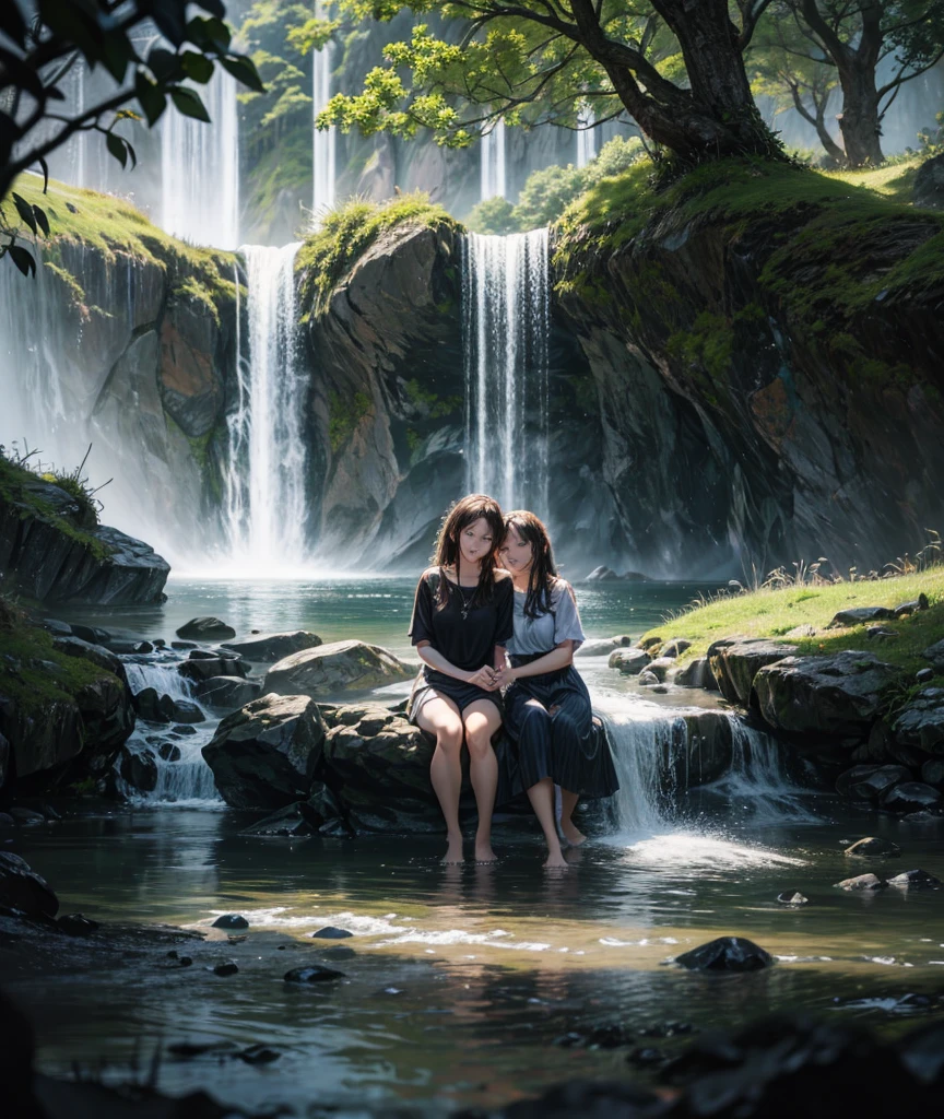 a couple sitting under a waterfall,a couple wearing short clothes,evening scene,animals in the background,(best quality,4k,8k,highres,masterpiece:1.2),ultra-detailed,(realistic,photorealistic,photo-realistic:1.37),detailed landscape,detailed water flow,detailed figures,detailed animal details,warm lighting,moody atmospheric lighting,vibrant colors,serene,tranquil
