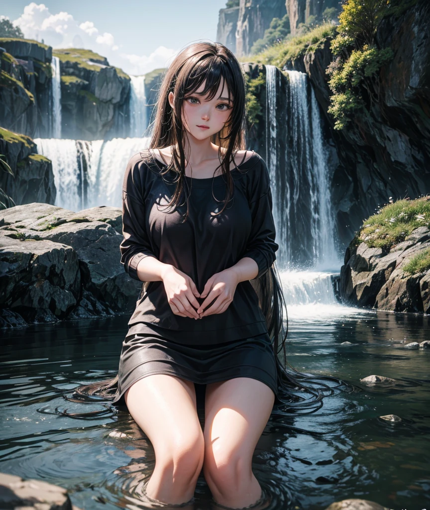 a couple sitting under a waterfall,a couple wearing short clothes,evening scene,animals in the background,(best quality,4k,8k,highres,masterpiece:1.2),ultra-detailed,(realistic,photorealistic,photo-realistic:1.37),detailed landscape,detailed water flow,detailed figures,detailed animal details,warm lighting,moody atmospheric lighting,vibrant colors,serene,tranquil