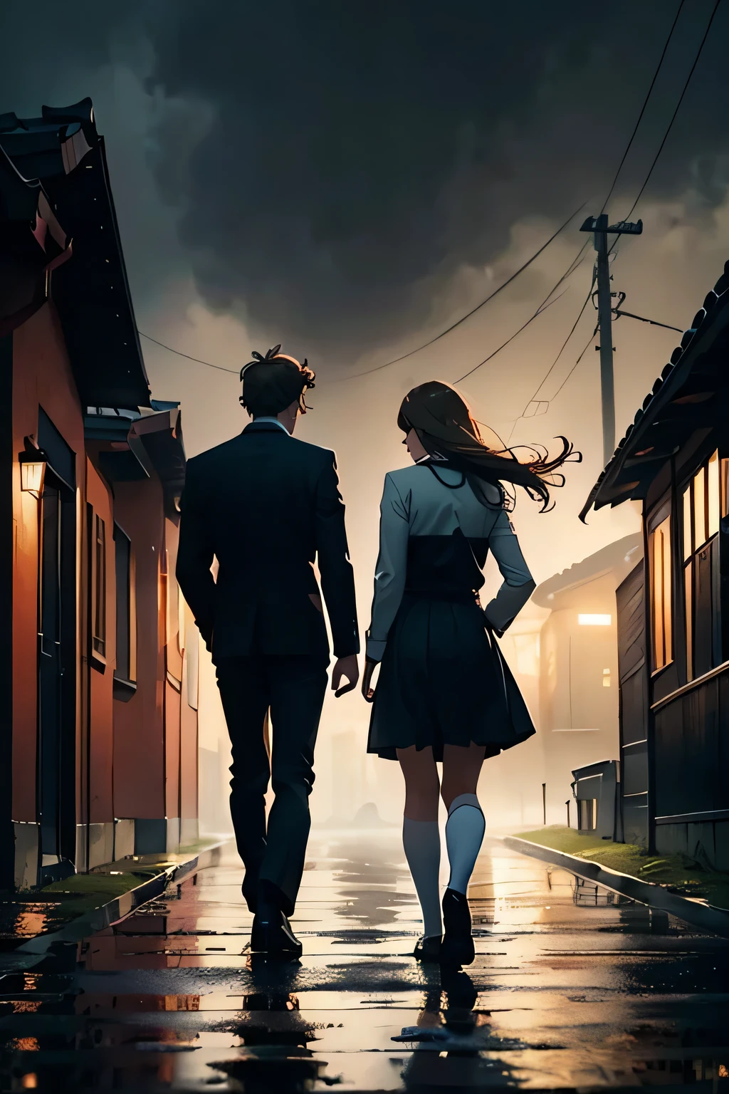 a woman with brown hair, a man with blond hair, wearing school uniforms , walking, darkness, shadow, cloudy sky, dark, foggy, red highlights