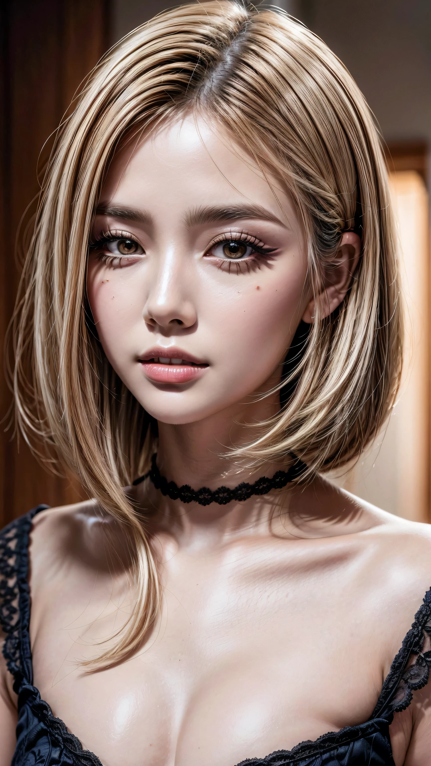 A high-resolution, photorealistic image of a young woman, 25 years old, with a head and upper body view. She has a delicate, natural-looking makeup, including pink-toned eyeshadow, eyeliner, mascara, and a glossy, pink lip. Her eyes are a realistic, deep brown color with detailed irises and pupils. Her hair is a professionally styled, shoulder-length blonde hairstyle, with individual strands visible and a natural, flowing appearance. The image is highly detailed, with sharp focus and accurate skin texture, pores, and blemishes. The lighting is soft and flattering, creating a natural, ambient glow. The background is minimalist and clean, allowing the subject to be the focal point. The overall image quality is the highest possible, with a resolution of at least 8K.