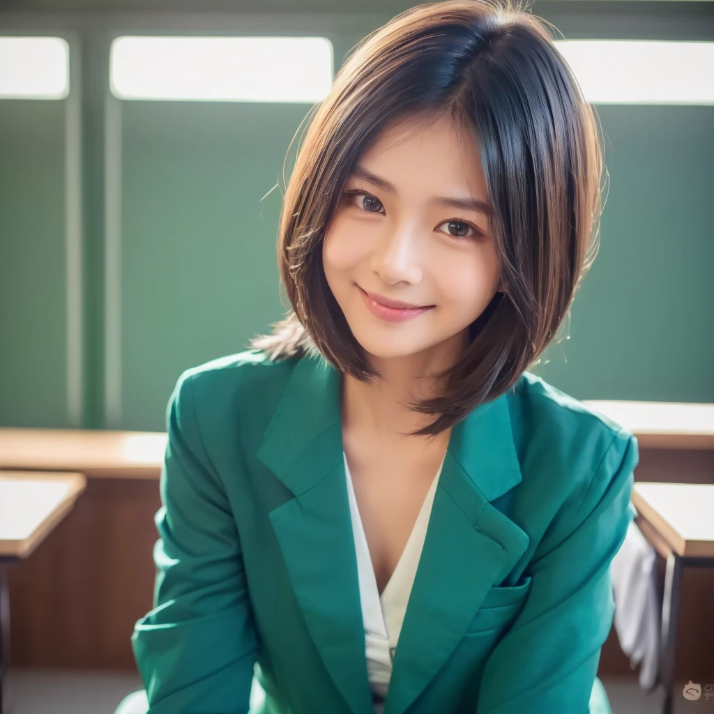 ((Top Quality, 8K, Masterpiece: 1.3)), ultra realistic, 1 Thai cute Girl, Slim, (Hairstyle Casual, Big: 1.2), (Green-shirt, Dark Blue Blazer: 1.2), Slender Face, Delicate Eyes, Double Eyelids, Smile, (Classroom: 1.0)
