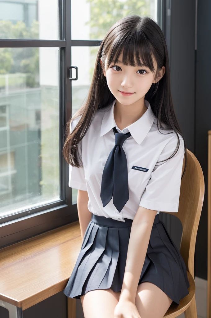15 years old,high school student,uniform,Black Hair,bangs,ponytail,Straight hair,Dark Eyes,thin足,slender,Small face,Young Face,Clean your eyes,Small Mouth,thin,Young Face,Small breasts,Small breasts,Small breasts,Small breasts,Realistic photos,8k,Mouth slightly open,Ultra HD,whole body,Pure girl,whole body,,White short sleeve blouse,Check Pleated Skirt,smile,classroom,Sit on a chair,Window Closet