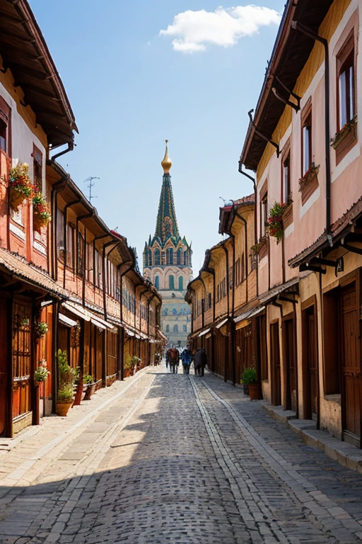 Create a cityscape of a Russian city of the 19th century. We need an ancient Russian city. This is not antiquity..  Need narrow streets, carts on the streets ancient houses. mostly wooden I&#39;ll forgive a street in Russia Russian city make