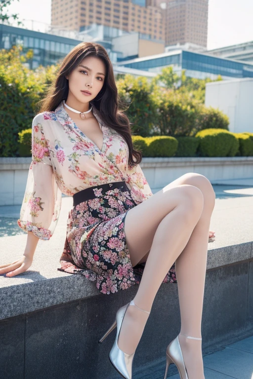 ((Highest quality、Ultra-high resolution、masterpiece、8k))、(Full Body Portrait)、(colored shirt with collar)、(long skirt with floral pattern:1.3)、((silk pantyhose))、High heels、Sitting and showing off her beautiful legs、1 girl、(Large Breasts)、(Delicate face、Detailed eyes and face、double eyelid、Glossy lipoisturized skin、Highly detailed face and skin texture、Two well-balanced legs、((Perfect Anatomy、Anatomically correct))、Modern architecture in the background、Professional Lighting