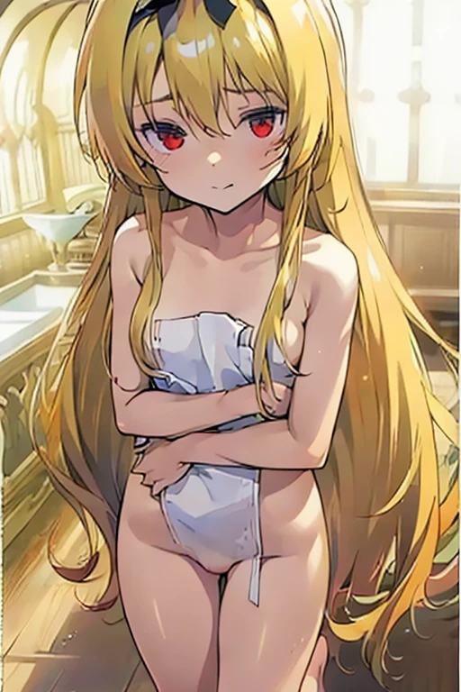 (masterpiece, Highest quality, Super detailed:1.1), 8K quality, girl, nsfw, yue (Arifureta), blonde hair, straight hair ,red eyes, small breasts,(:0.6), face, (Perfect Naked, NUDE), (naked towel:1.1)