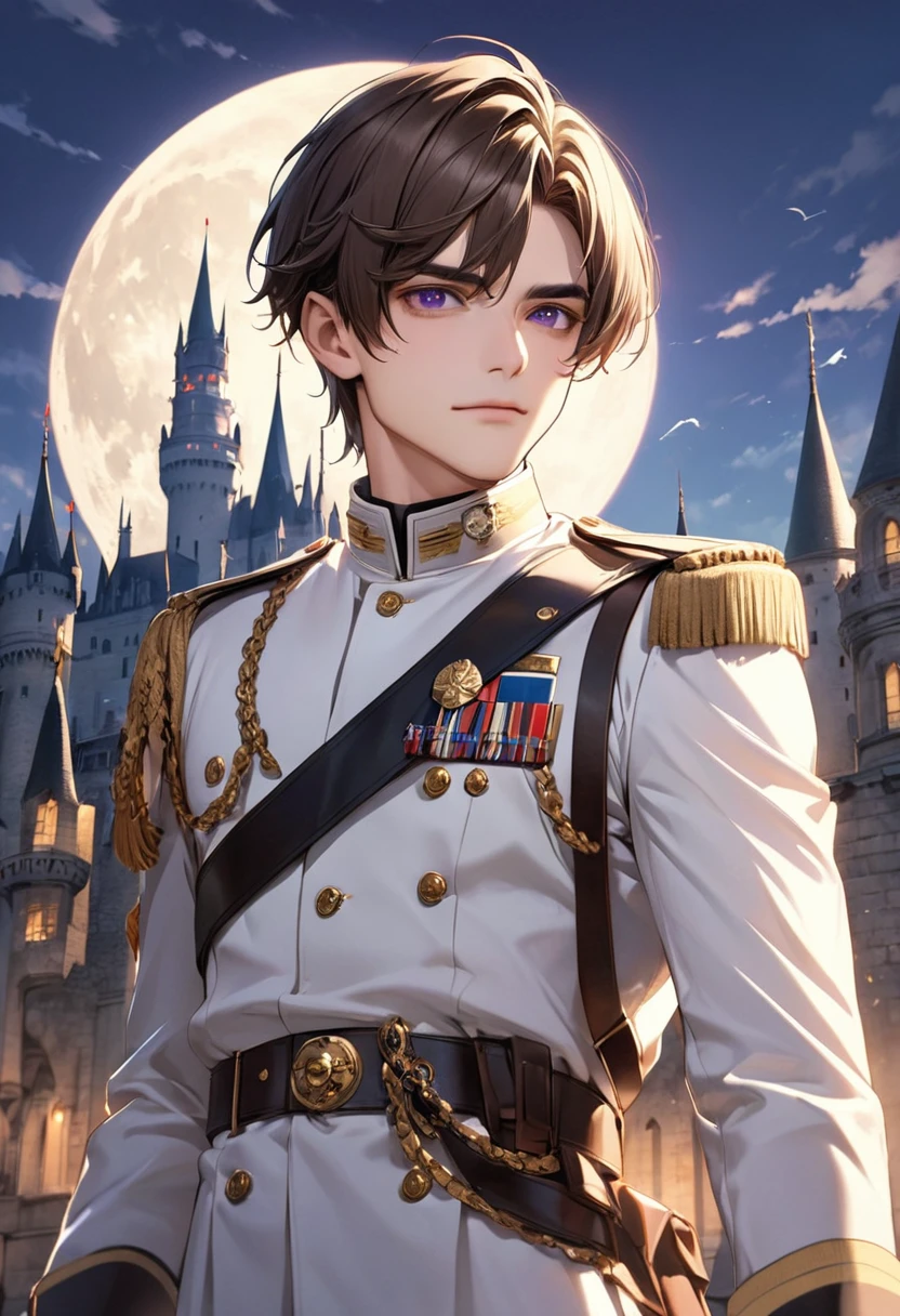 1 male long bangs in the middle Brown hair and eyebrows Purple Eyes White military uniform Castle and full moon
