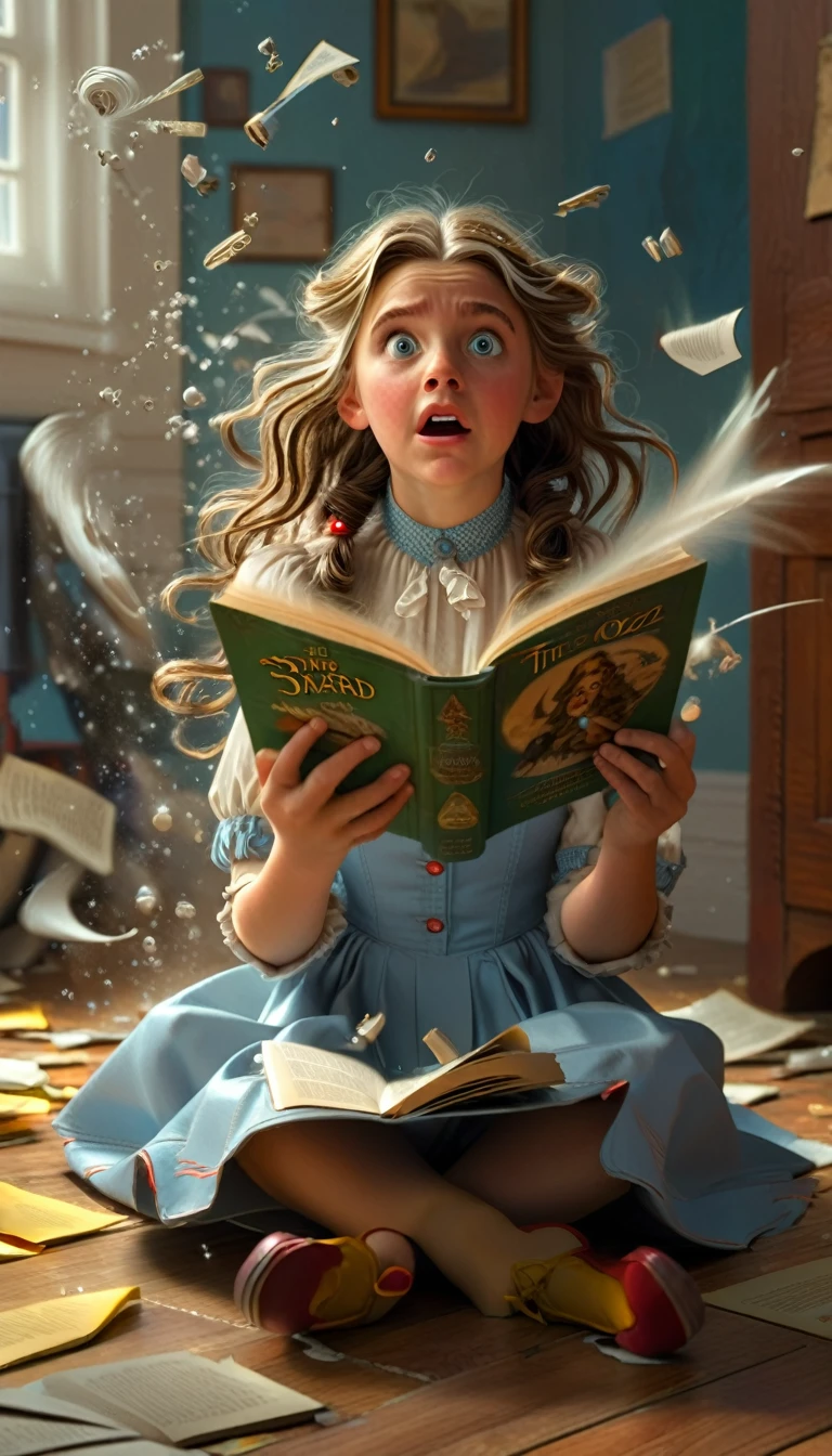 Create a photorealistic image "3D" of a  sitting on the floor reading 'The Wizard of Oz' with a look of surprise on her face as a three dimensional tornado rises from the pages of the book. The girl's hair is being blown about by the wind.