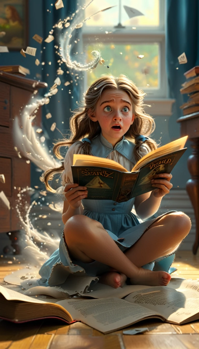 Create a photorealistic image "3D" of a  sitting on the floor reading 'The Wizard of Oz' with a look of surprise on her face as a three dimensional tornado rises from the pages of the book. The girl's hair is being blown about by the wind.