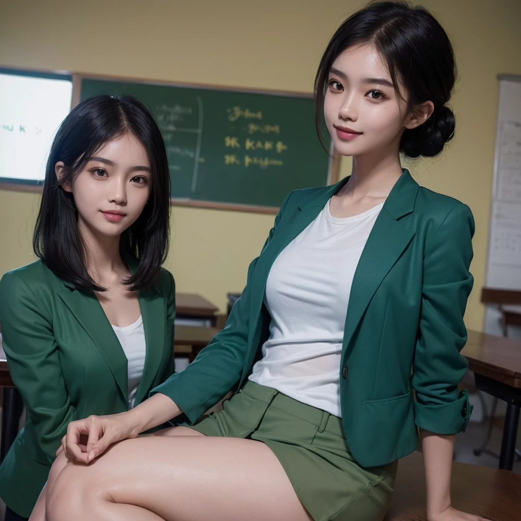 ((Top Quality, 8K, Masterpiece: 1.3)), ultra realistic, 1 Thai cute Girl, Slim, (Hairstyle Casual, Big: 1.2), (Green-shirt, Dark Blue Blazer: 1.2), Slender Face, Delicate Eyes, Double Eyelids, Smile, (Classroom: 1.0)