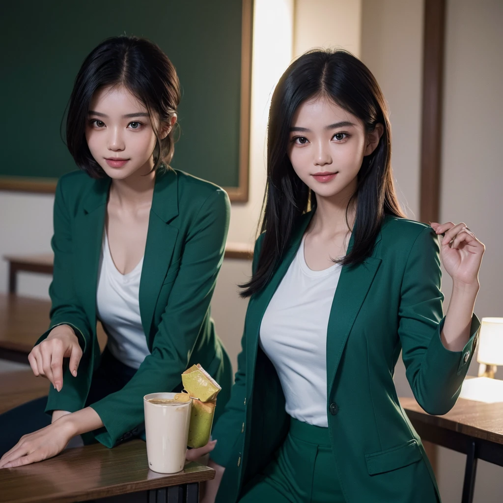 ((Top Quality, 8K, Masterpiece: 1.3)), ultra realistic, 1 Thai cute Girl, Slim, (Hairstyle Casual, Big: 1.2), (Green-shirt, Dark Blue Blazer: 1.2), Slender Face, Delicate Eyes, Double Eyelids, Smile, (Classroom: 1.0)