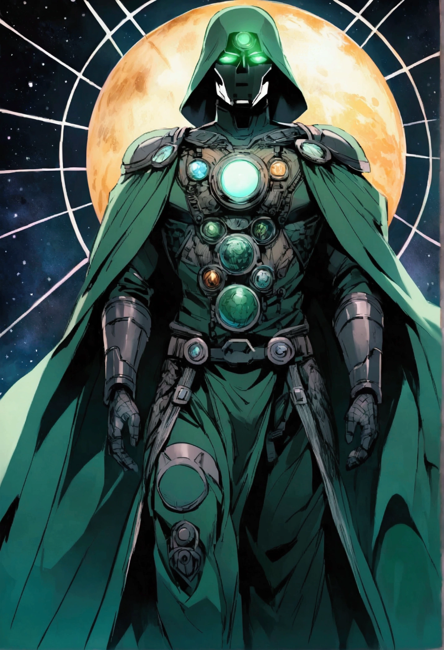 Doctor Doom Appears, outer space background, I can see the sun,