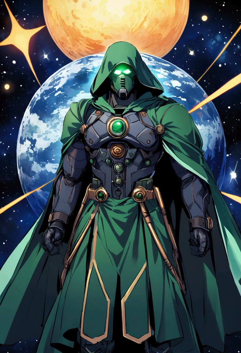 Doctor Doom Appears, outer space background, I can see the sun,