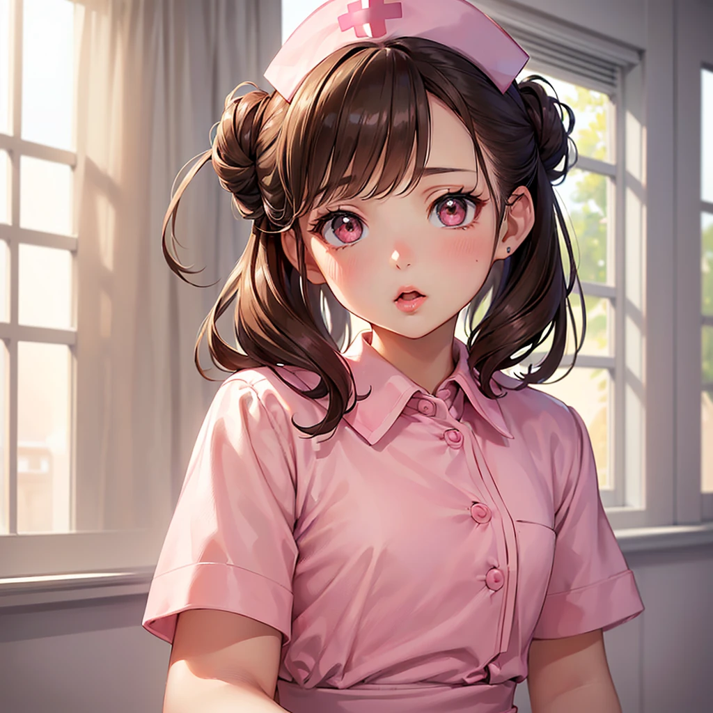 Highest quality, masterpiece, Ultra-high resolution, Realistic, RAW Photos, Intricate details, Portraiture, Big beautiful brown eyes:1.2, Perfect contours, break ((from the front, Upper Body:1.2, Upturned eyes:1.2)), ((:1.2、Little)), Brown Hair、((Updo:1.2)), (natural makeup:1.2, Mouth open, Fuller lips:1.3, Pink Lips:1.2, Glossy Lips:1.2), ((nurse:1.2)), ( Shiny pure white nurse uniform), (The background is a hospital room:1.2、Morning light pours in through the window、bright)