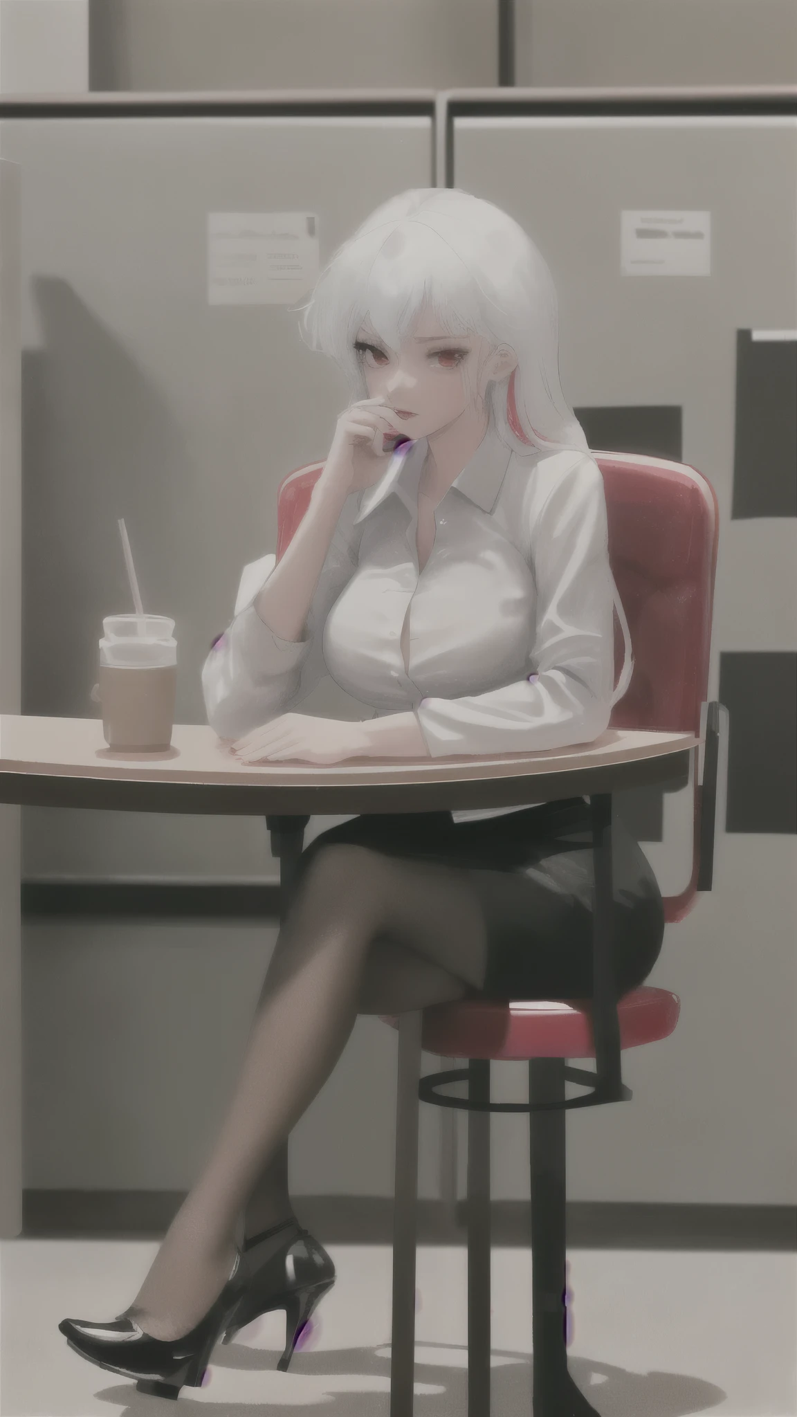 The 23-year-old female president has long red and white hair, wears a long-sleeved office shirt, black high heels, and she is sitting at a table and chair. The background is the Company&#39;s director&#39;s office. 