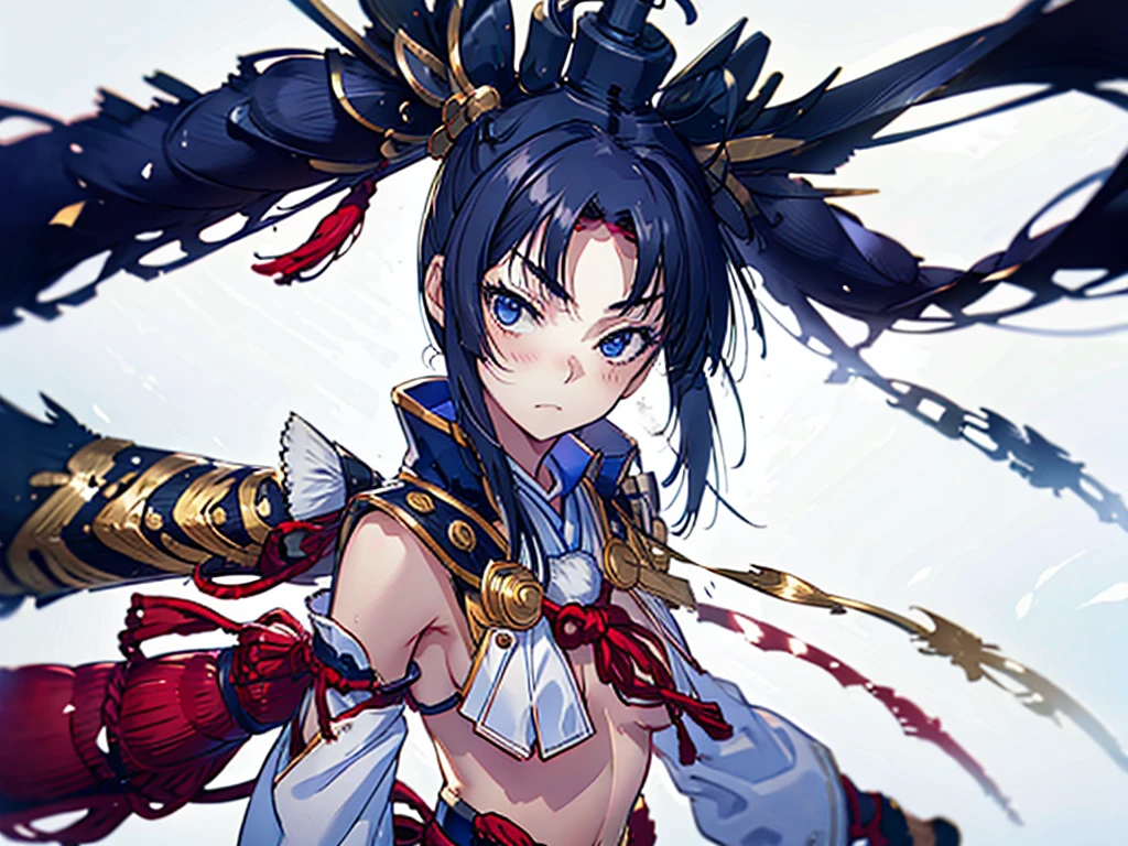 One girl, ushiwakamaru \(fate\), ushiwaka, flogged, white background, simple coloring ,hokusai, masterpiece, super high quality, ( Highly detailed original illustration)