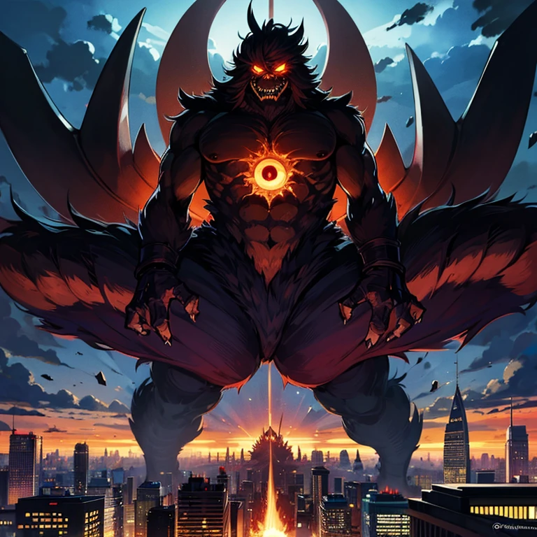 A colossal monster looming over a cityscape, with glowing eyes and jagged teeth.
