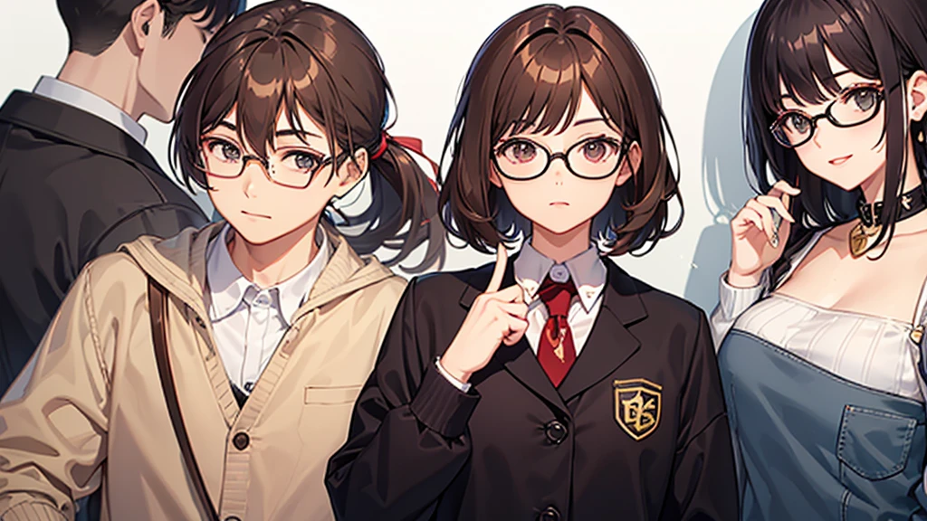 Smart young girl with short dark brown hair, Wear glasses、he'He wears a navy blue suit with gold accents... her eyes have two colors、smile、Short Hair