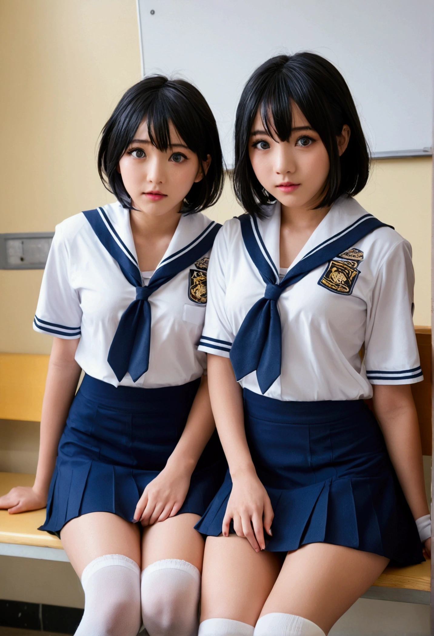 masterpiece, Highest quality, figure, Very detailed, The finer details, High resolution, 8k,wallpaper, Perfect dynamic composition,(Detailed high quality, Realistic depiction of eyes:1.3), (2 girls, 2 high school girls:1.2), From the side, High school classroom、 uniform、blazer 、Super Short Check Uniform Skirt、Navy blue knee-high socks、garter belt、huge 、Disheveled uniform, Short Bob Hair, Black hair color, hugeな胸, Big Natural Color Lip, Bold sexy pose, (Perfect figure), Crying a little、 Harajuku Style、20-year-old girl、 Beautiful feet, Gravure idol pose, Voluptuous thighs、naked